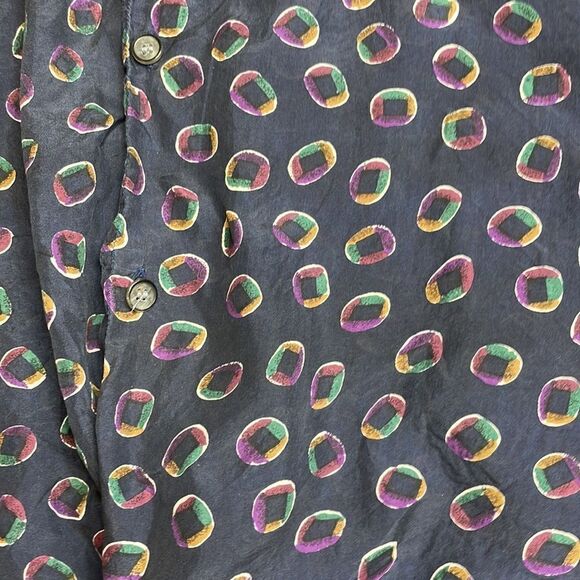 Vintage Fine Line All over Print Silk Button Down Blue Large - Picture 2 of 7